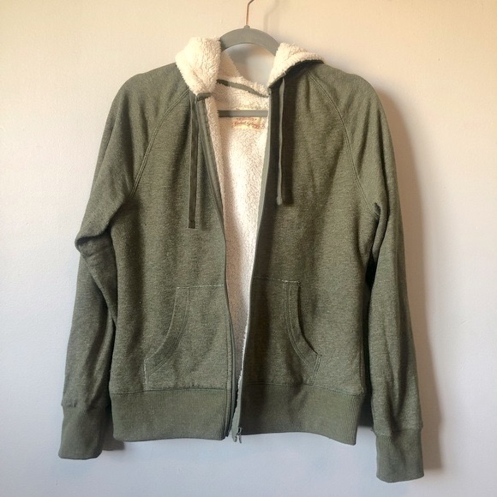 Faded Glory Army Green Fleece Lined Full Zip Hooded Knit Jacket Size Medium